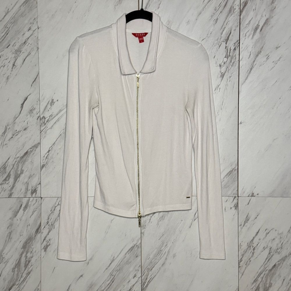 Guess White Collared Zip Down Ribbed Long Sleeve Shirt Size Large